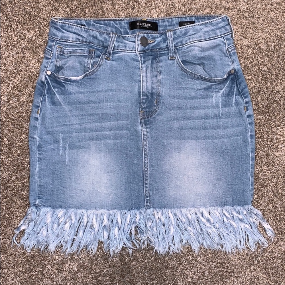 Denim mini skirt with fringe